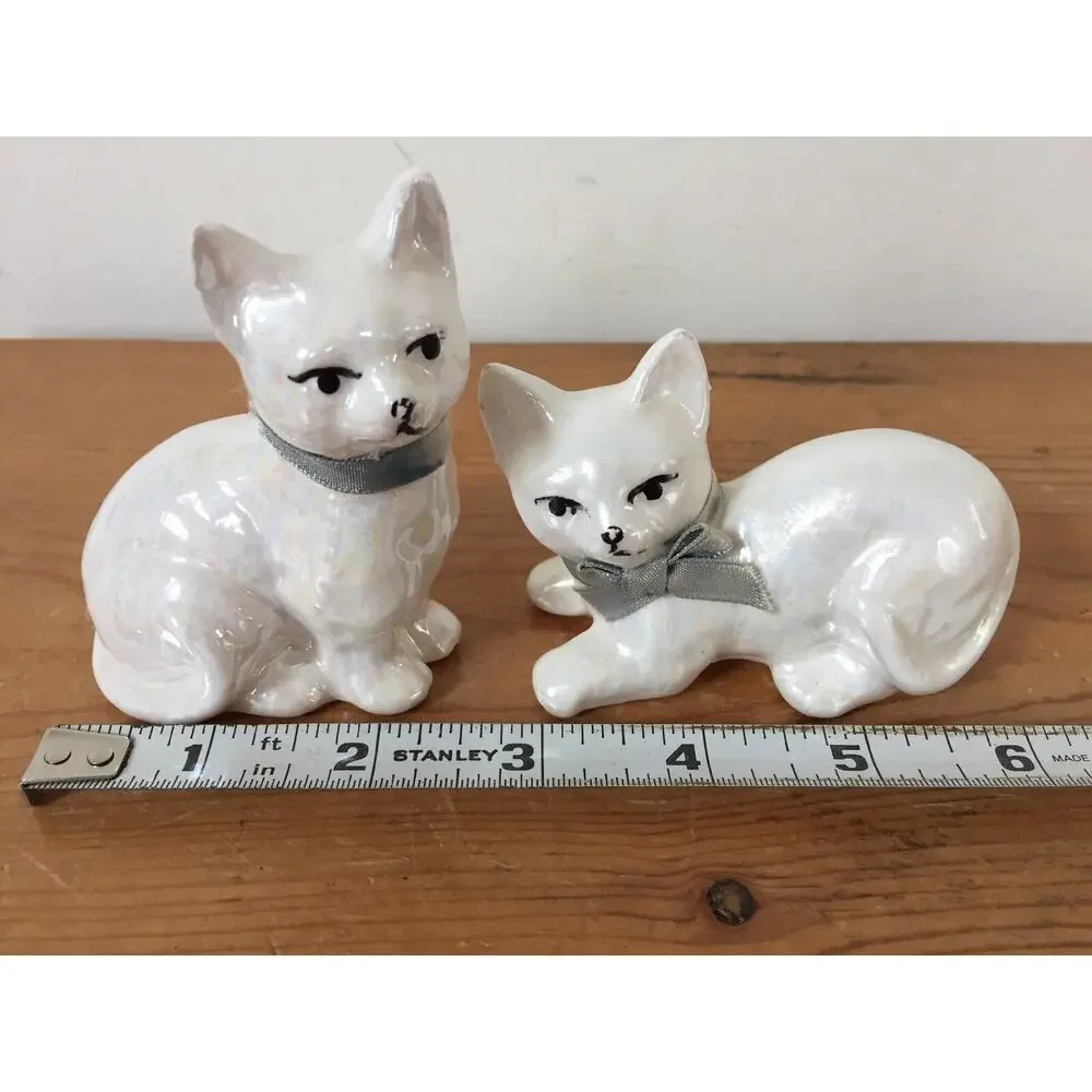 Vtg Occupied Japan White Lusterware Ceramic Porcelain Cat Kitty Kitten Figurines